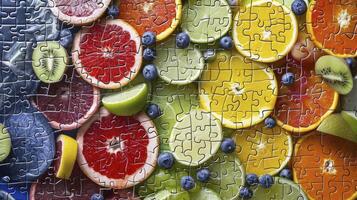 AI generated A lifelike image of a jigsaw puzzle featuring slices of various fruits photo