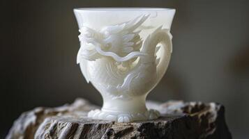 AI generated a white dragon is carved on the white jade wine glass photo