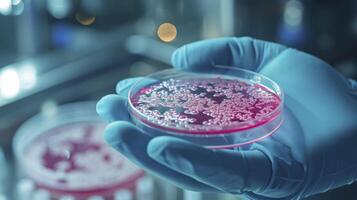 AI generated Gloved Hand Holding Petri Dish with Bacteria Culture photo