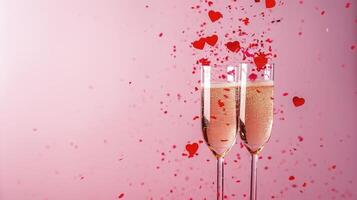 ai generado dos champán lentes con chapoteo de rojo corazón conformado papel picado terminado rosado antecedentes. foto