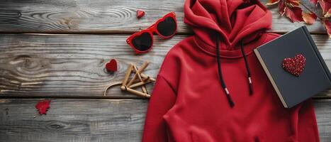AI generated Top View red Sweater and Book, Sunglasses for valentine's day. photo