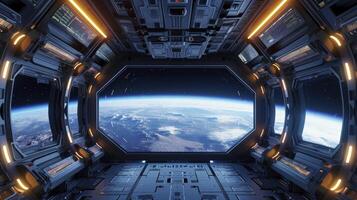 AI generated Spaceship futuristic interior with view on planet Earth. photo