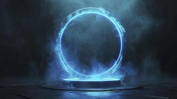 AI generated Blue hologram portal. Magic fantasy portal. Magic circle teleport podium with hologram effect. Abstract high tech futuristic technology design. Round shape. Circle Sci-fi element light. photo