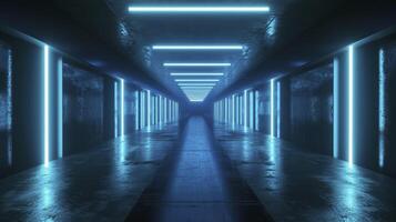 ai generado Tres dimensional hacer de oscuro futurista corredor iluminado por azul neón luces foto