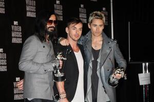 LOS ANGELES  SEP 12  Tomo Milicevich Shannon Leto and Jared Leto of 30 Seconds to Mars in the Press Room  at the 2010 MTV Video Music Awards  at Nokia  LA Live on September 12 2010 in Los Angeles CA photo