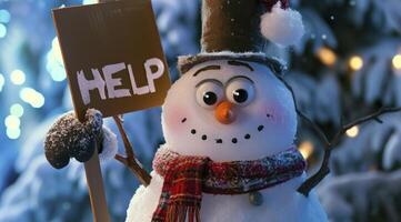 AI generated a snowman holding a sign that says HELP photo