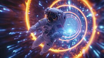 AI generated Time Travelers Odyssey. A Futuristic Space Astronaut Emerging from a Glowing Temporal Loop, Embarking on a Journey Through Time and Space. photo