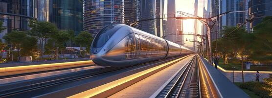 AI generated Train hyperloop in modern future city photo