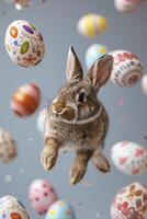ai generado de cerca foto capturar el juguetón movimiento de volador Pascua de Resurrección huevos y un conejo, infundir alegre energía dentro el festivo modelo.