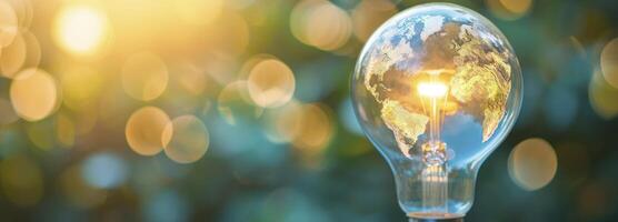 AI generated World map on a light bulb bokeh background. world day concept. copy space photo