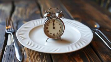 AI generated Fasting, one white plate and an alarm clock. photo