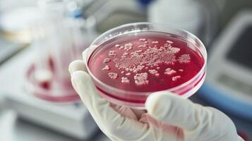 AI generated Gloved Hand Holding Petri Dish with Bacteria Culture photo