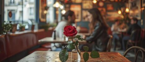 AI generated Love in Bloom. A Couples Romantic Interlude in a Quaint Cafe, Accentuated by a Red Rose, Creating a Perfect Moment for Valentines Day. photo