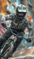 AI generated Wide-Angle Shot of a Young Cyclist, Clad in Stylish Graffiti Patterns, Riding Along a Colorful Street. Capturing the Spirit of Adventure and Urban Sports Culture Amidst Vibrant Cityscape. photo