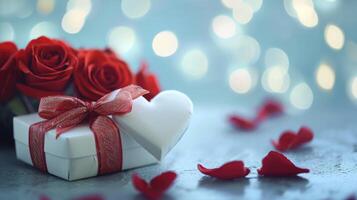 AI generated A close up to a white heart shaped present box with red bow and blurred red roses in the light blue background photo