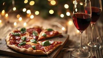 AI generated Pizza and wine on bokeh background. Home cooked Valentines Day dinner. photo