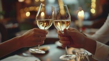 ai generado un Pareja tostado lentes de vino en un romántico restaurante, creando un Perfecto momento de conexión y amor en San Valentín día foto