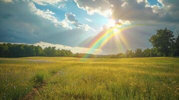 AI generated rainbow with sunshine over the field photo