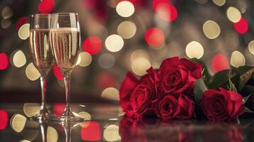 AI generated Valentines day red roses on table with champagne, in the style of bokeh photo