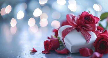 AI generated A close up to a white heart shaped present box with red bow and blurred red roses in the light blue background photo