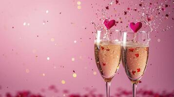 AI generated Two champagne glasses with splash of red heart shaped confetti over pink background. photo