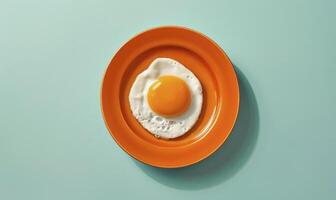 ai generado un frito huevo en un naranja cerámico plato en un llanura ligero azul antecedentes foto