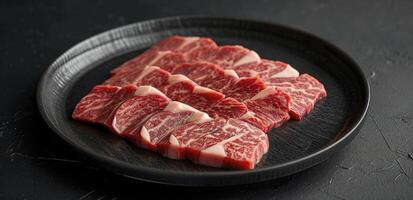 AI generated a black plate with beef cuts that have been sliced photo