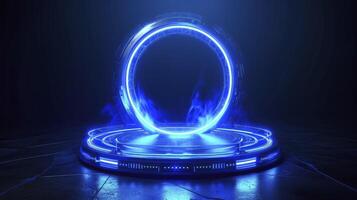 AI generated Magic fantasy portal. Magic circle teleport podium with hologram effect. Abstract high tech futuristic technology design. Round shape. Circle Sci-fi element light and lights. photo