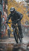 AI generated Wide-Angle Shot of a Young Cyclist, Clad in Stylish Graffiti Patterns, Riding Along a Colorful Street. Capturing the Spirit of Adventure and Urban Sports Culture Amidst Vibrant Cityscape. photo