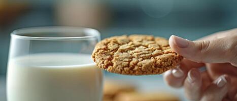 AI generated Close-Up of a Hand Holding a Cookie, Glass of Milk. Set Against a Vibrant Blue Background, Bright Lighting Enhances the Anticipation of the Dunking Moment. photo