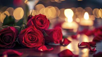 AI generated Romantic table setting for red roses and candlelight for Valentines dinner. photo