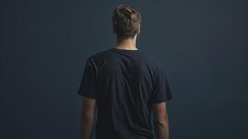 AI generated Men in back of T shirt mockup plain black. photo