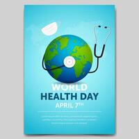mundo salud día abril 07 con globo estetoscopio y máscara ilustración póster diseño vector