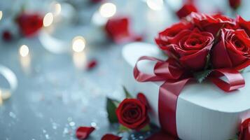 AI generated A close up to a white heart shaped present box with red bow and blurred red roses in the light blue background photo