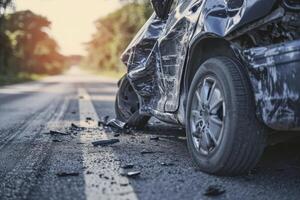 ai generado capturar el secuelas de un coche accidente con un roto vehículo, destacando el importancia de la carretera la seguridad y precaución foto