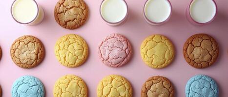 AI generated A Playful Arrangement of Whimsical Cookies and Milk Against a Vibrant Backdrop, Illuminated with Bright Cheerful Lighting. An Overhead Shot Celebrating Creativity and Sweet Fun. photo