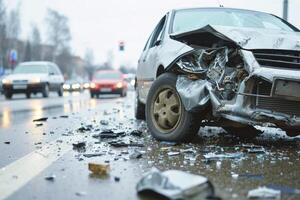 ai generado capturar el secuelas de un coche accidente con un roto vehículo, destacando el importancia de la carretera la seguridad y precaución foto