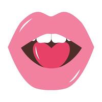 Female lips holding pink heart. Valentine's day romantic clipart. Lipstick makeup icon. Sexy mouth. Vector illustration in flat style.