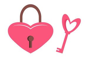 Pink lock with a heart-shaped key. Valentine's day romantic clipart. Cute symbol of love in cartoon flat style. vector