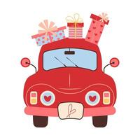 Vintage red car with gift boxes on top. Valentine's day or wedding concept. Cartoon flat vector illustration.