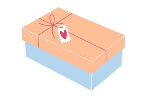 regalo caja con un corazón etiqueta. amor paquete o empaquetar decorado con cinta y arco. San Valentín día romántico clipart. vector