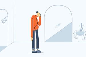 Man in deformation style talking on smartphone on a old street background vector