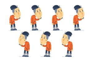 Man in deformation style, chibi, talking on smartphone in full length, set of emotions vector