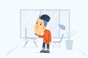 Man in deformation style talking on smartphone on a work place background vector