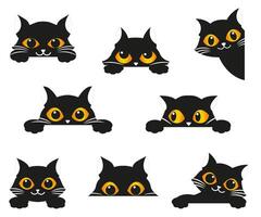 Black cats peeking out window, funny kittens face, curious cat head character, cartoon design vector