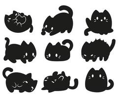 Black cat funny poses, playful kitty, adorable pet vector cartoon illustration