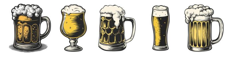 conjunto de diverso cerveza lentes y tazas color Clásico vector grabado ilustración para web, póster, invitación a fiesta, cervecería o bar menú. mano dibujado diseño elemento aislado en blanco antecedentes.