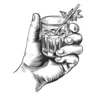 masculino mano participación cóctel con hielo cubitos en un cristal vaso. mano dibujado diseño elemento. grabado estilo. vector ilustración aislado en antecedentes para menú, especial oferta, bar, ventanas diseño,