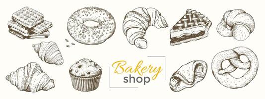 Vector sketch illustration set of desserts and bakery products for menu, special offer, windows design. Vintage engraving style drawing isolated on background.