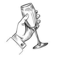 Male hand holding glass with champagne wine hand drawn ink sketch. Vector illustration in vintage engraving style isolated on white background.